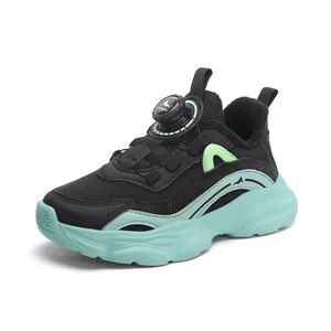 Kids girls breathable mesh sports shoes with rotary buckle in black and green.