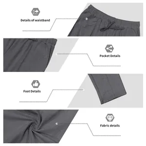 Viste dettagliate dei pantaloni sportivi grigi con elastico, tasche e trama del tessuto