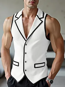 Herren Slim Fit Cord Weste Kontrastpaspeln Anzugkragen Aufführung Ärmelloser Blazer Weste Aufführung Hochzeit Party Bankett Weste Top