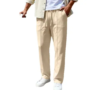 Pantaloni casual da uomo beige, vestibilità dritta e ampia con coulisse in vita