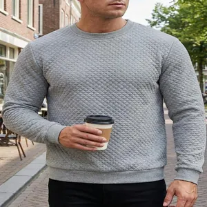 Sweat-shirt gris matelassé pour homme à col rond et manches longues style décontracté chic