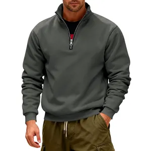 Men's heavy half-zip stand collar fleece sweatshirt in dark grey, casual outdoor wear