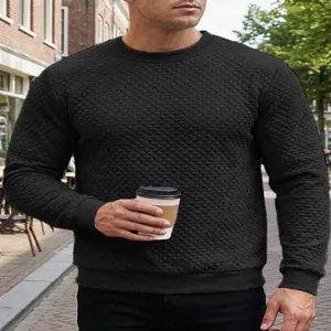Sweat-shirt décontracté matelassé noir à col rond pour hommes avec manches longues