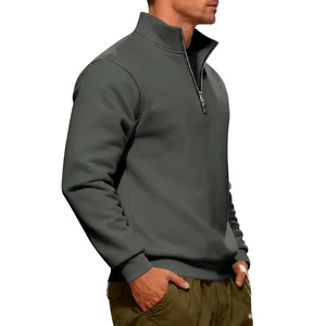 Side view of a men's heavy fleece half-zip stand collar sweatshirt in dark grey
