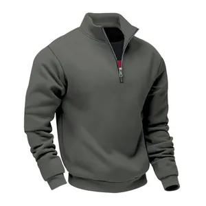 Detail showing the stand collar and half-zip of this men's heavy grey sweatshirt.