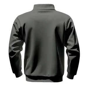 Back view of a grey heavyweight men's half-zip sweatshirt with a minimalist stand collar.