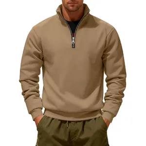Detail view of men's khaki heavy quarter-zip stand-collar fleece pullover sweatshirt