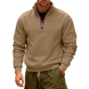 Close-up of men's half-zip heavyweight fleece sweatshirt in camel khaki color