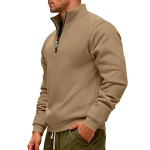 Detailed side view of a khaki men's heavyweight fleece-lined half-zip sweatshirt