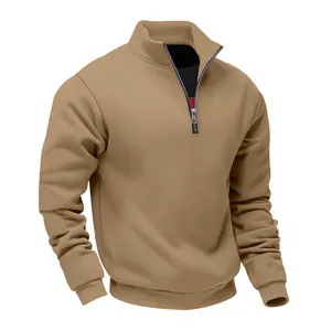 Men's heavyweight khaki fleece sweatshirt with stand collar and half-zip detail.