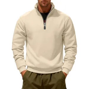 Detailed front view of men's cream-colored heavy half-zip sweatshirt with stand-up collar