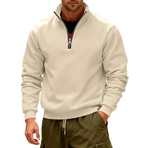 Men's premium heavyweight fleece sweatshirt with half-zip stand collar in beige
