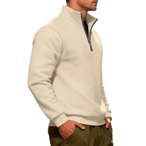 Men's heavyweight beige half-zip sweatshirt with fleece lining in American vintage style