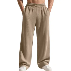 Pantaloni casual da uomo color cachi a coste con gamba dritta e taglio ampio comodo