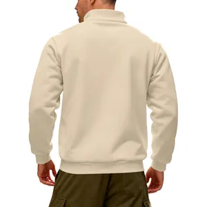 Back view of a men's heavy beige half-zip fleece sweatshirt in casual American style