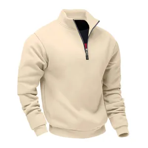 Detailed view of men's heavyweight fleece half-zip sweatshirt with standing collar