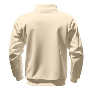 Back view of cream heavyweight half-zip sweatshirt with ribbed hem and cuffs