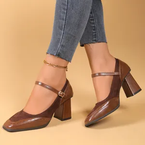 Zapatos Mary Jane de Tacón Alto Retro Francés para Mujer Patchwork Punta Cuadrada con Correa de Hebilla y Detalles Brogue