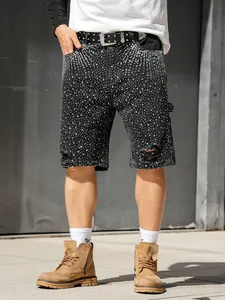 Men's streetwear distressed black denim shorts with all-over rhinestone details
