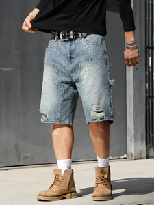 Men Rhinestone Carpenter Denim Shorts Distressed Ripped Loose Straight Washed Cotton Jeans Shorts Hip Hop Streetwear Shorts