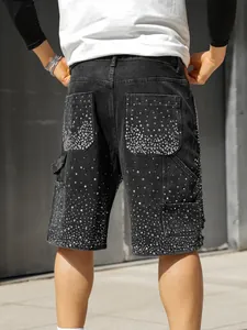 Back detail of men's loose carpenter denim shorts with sparkling rhinestone accents