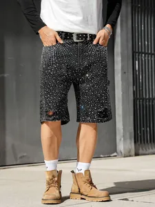 Front view of men's carpenter denim shorts with all-over rhinestone embellishment