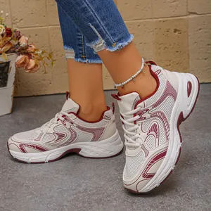 Stylish white and maroon chunky sneakers for men and women with breathable mesh