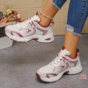 Fashionable cream and burgundy breathable chunky dad sneakers with a 1.77 inch platform
