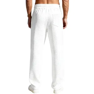 Premium schwere weiße Waffelstrickhose mit weitem Bein für Herren Detailansicht hinten