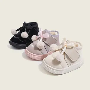 Toddler Girls Winter Snow Boots Faux Leather Warm Plush Lined Pom Pom Bow Decor Non-slip Soft Sole Hook and Loop Shoes