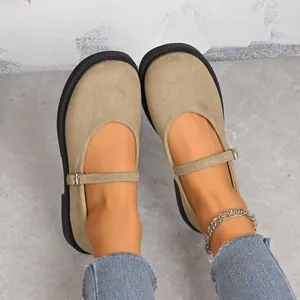 Elegant khaki suede Mary Jane flats with round toe and adjustable buckle strap for women