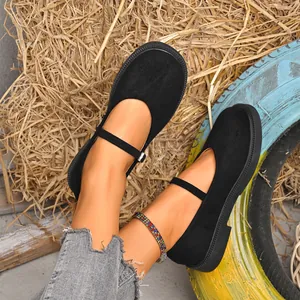 Close-up of elegant black suede Mary Jane shoes with a round toe and ankle strap detail.