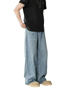 Jeans vintage da uomo a gamba larga, vestibilità ampia, lavaggio usurato, blu