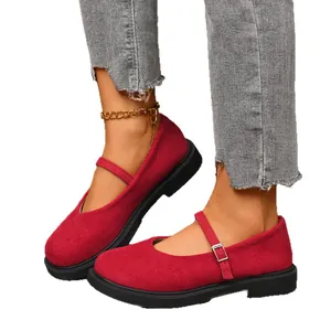 French style red suede Mary Jane shoes with round toe and adjustable buckle strap