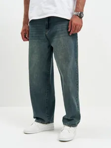 Jeans da uomo vintage in denim a gamba dritta ampia, blu sbiadito stile casual quotidiano