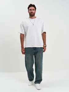 Jeans larghi da uomo classici stile retrò, gamba dritta, effetto invecchiato, blu denim