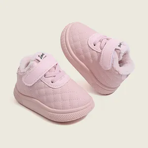 Pink quilted high-top toddler winter shoes with warm fleece lining and Velcro straps