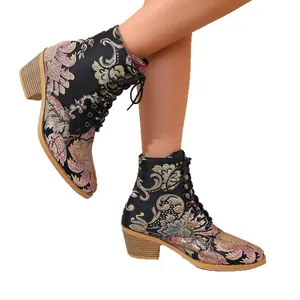 Vintage floral embroidered satin ankle boots with chunky block heel and lace-up front