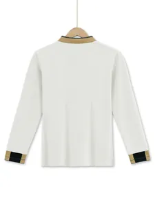 Achteraanzicht van wit heren poloshirt met lange mouwen en ruitjesmanchetten voor golf