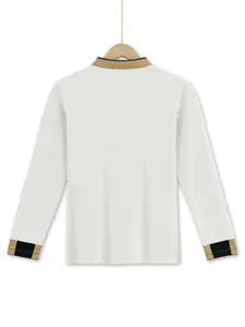 Klassisches Herren Langarm-Poloshirt in Off-White mit karierten Manschetten Rückansicht
