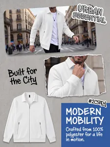 Détail de la veste cintrée en polyester blanc pour hommes avec poches zippées.