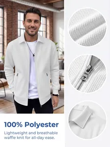 Vues détaillées d'une veste en maille gaufrée blanche montrant le tissu et le zip.