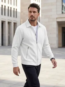 Veste zippée homme coupe ajustée en maille gaufrée blanche avec col revers style urbain