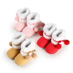 Baby Girls Winter Warm Cotton Shoes With Pom Poms And Bow Faux Fur Trim Soft Sole Non-Slip First Walkers Toddler Crib Boots
