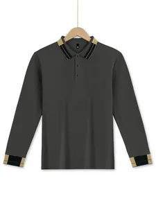 Vooraanzicht van donkergrijs herenpoloshirt met lange mouwen, contrastkraag en manchetten