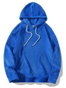 Detailed view of a cozy blue plush fleece hoodie with white drawstrings for men.