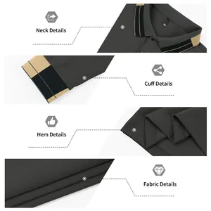 Nahaufnahme der Details von grauen Herren-Poloshirts: Kragen, Manschette, Saum und Stoff.