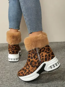 Leopard print wedge snow boots for women featuring plush fur trim and side zipper
