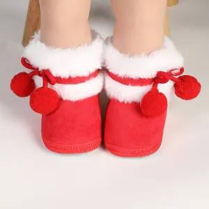Red soft sole baby princess boots with white faux fur trim and pom-poms for newborn infants