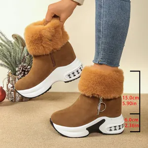 Brown faux fur platform snow boots with 15cm shaft and 6cm wedge heel height details.